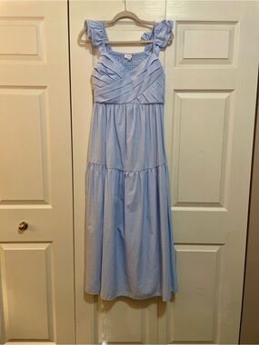Blue Striped Ruffle Strap Maxi Dress